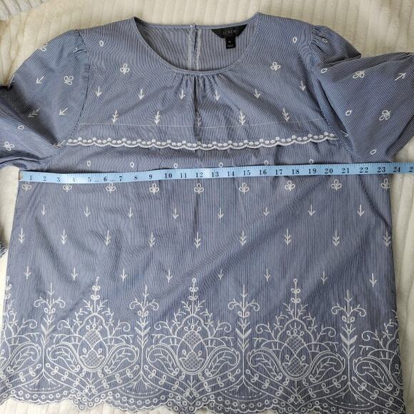 J.Crew Blue Striped Embroidered Boho Top Size XL Cotton Blend Bell Sleeve - Picture 5 of 11